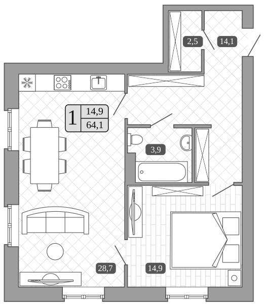 Планировка — Белый город, 2-комн., 64 м²