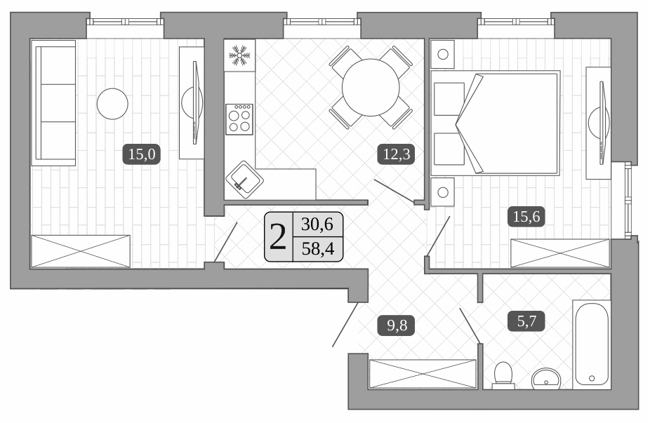 Планировка — Белый город, 2-комн., 58 м²