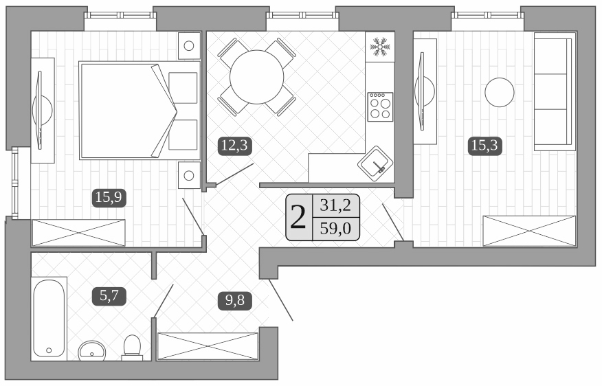 Планировка — Белый город, 2-комн., 58 м²