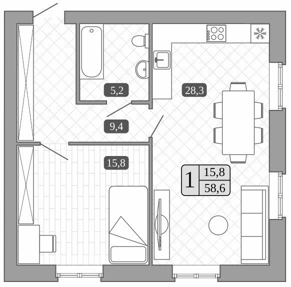 Планировка — Белый город, 2-комн., 59 м²