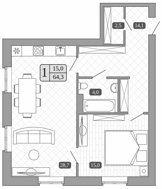 Планировка — Белый город, 2-комн., 64 м²