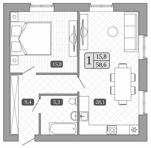 Планировка — Белый город, 2-комн., 59 м²