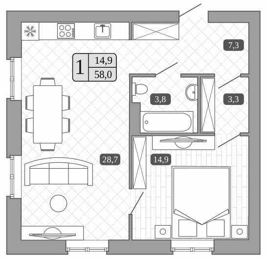 Планировка — Белый город, 2-комн., 58 м²