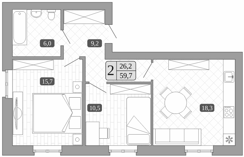 Планировка — Белый город, 3-комн., 60 м²