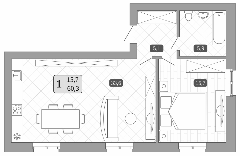 Планировка — Белый город, 2-комн., 60 м²