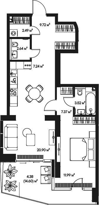Планировка — Джойс, 2-комн., 66 м²