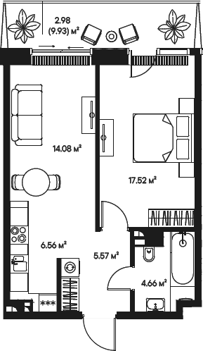 Планировка — Джойс, 2-комн., 48 м²