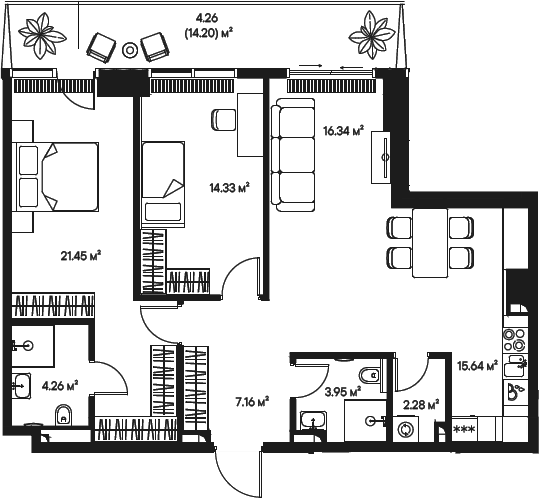 Планировка — Джойс, 3-комн., 85 м²