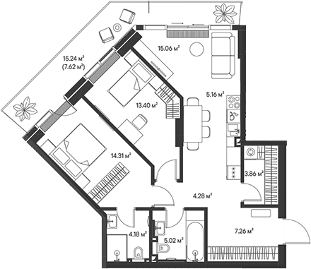 Планировка — Джойс, 3-комн., 73 м²