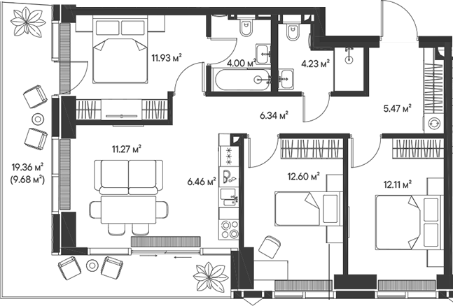Планировка — Джойс, 4-комн., 74 м²
