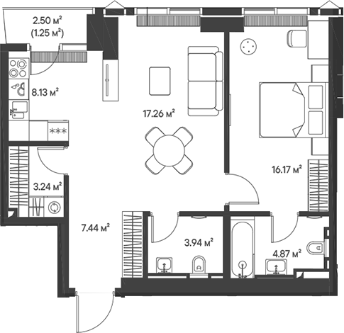 Планировка — Джойс, 2-комн., 61 м²