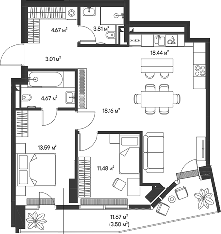 Планировка — Джойс, 3-комн., 78 м²