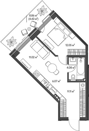 Планировка — Джойс, 2-комн., 42 м²