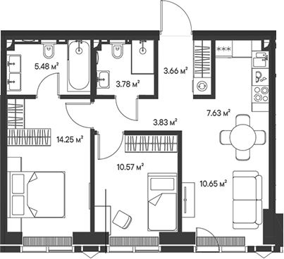 Планировка — Джойс, 3-комн., 60 м²