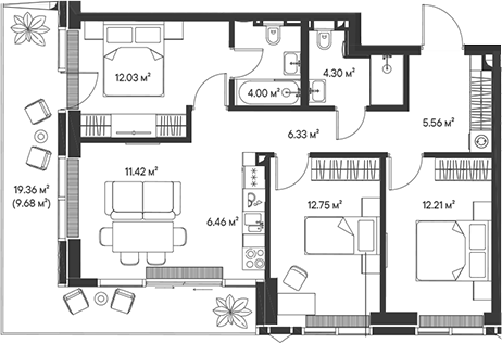 Планировка — Джойс, 4-комн., 75 м²