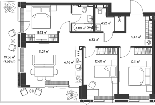 Планировка — Джойс, 4-комн., 74 м²