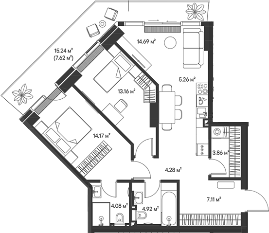 Планировка — Джойс, 3-комн., 72 м²