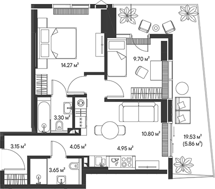 Планировка — Джойс, 3-комн., 54 м²
