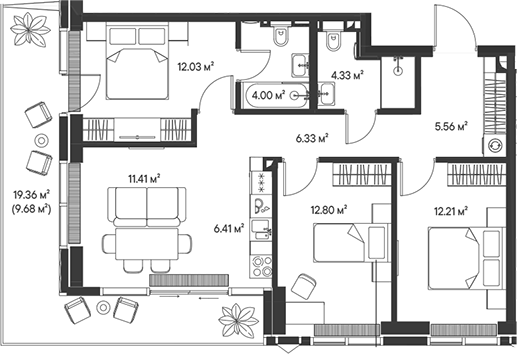Планировка — Джойс, 4-комн., 75 м²