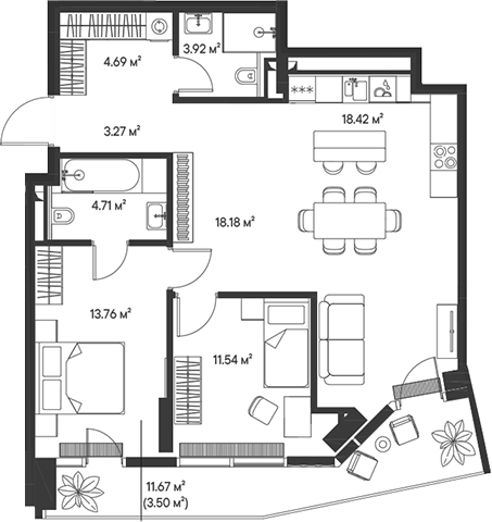 Планировка — Джойс, 3-комн., 78 м²