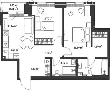 Планировка — Джойс, 3-комн., 71 м²
