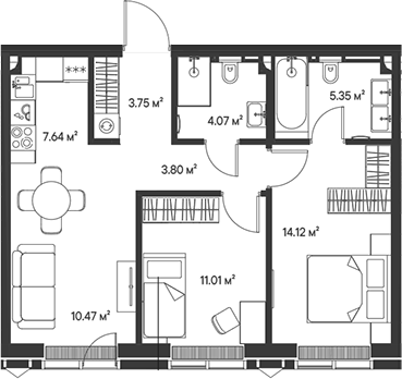 Планировка — Джойс, 3-комн., 60 м²