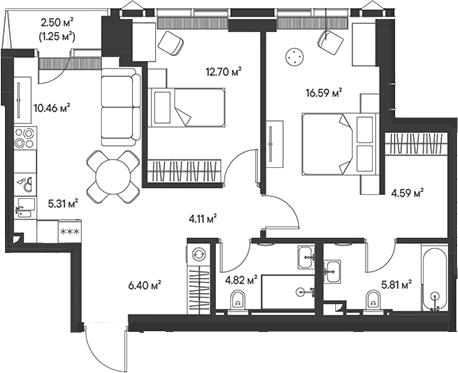 Планировка — Джойс, 3-комн., 71 м²