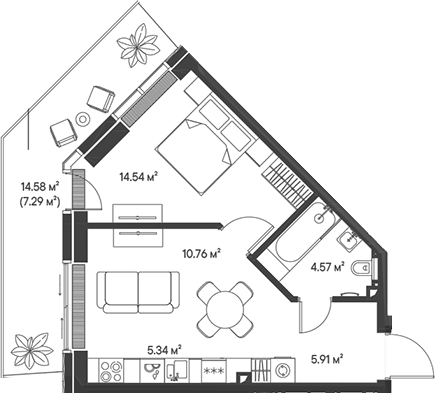 Планировка — Джойс, 2-комн., 41 м²