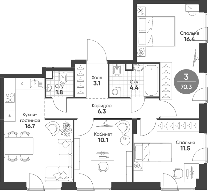 Планировка — Shagal, 4-комн., 70 м²