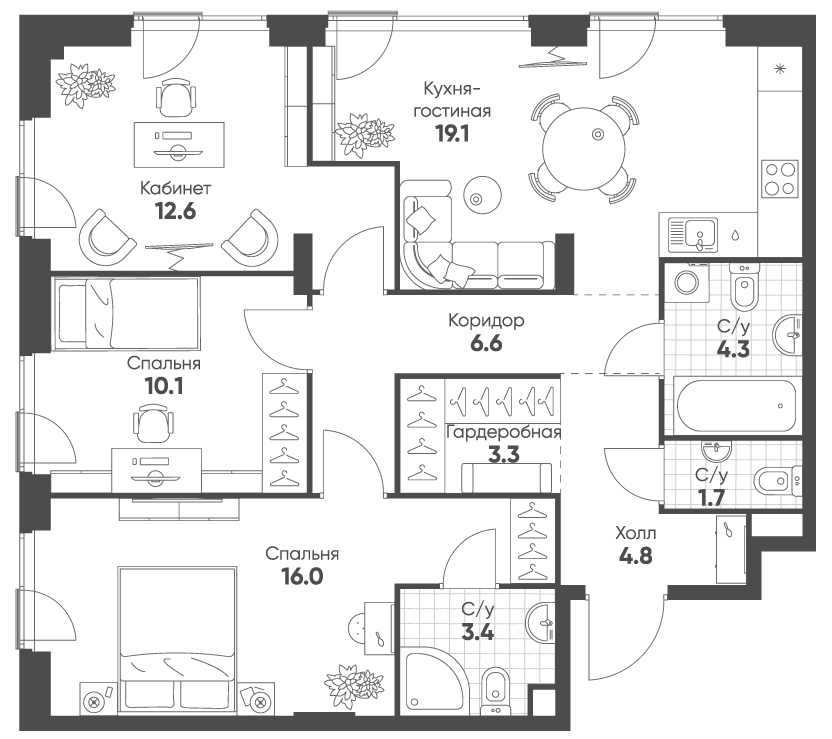 Планировка — Shagal, 4-комн., 82 м²