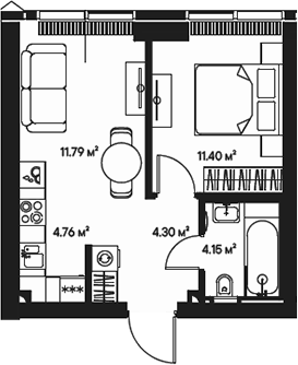 Планировка — Джойс, 2-комн., 36 м²