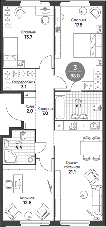Планировка — Shagal, 4-комн., 88 м²