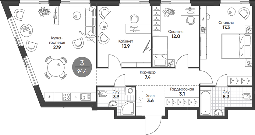 Планировка — Shagal, 4-комн., 94 м²