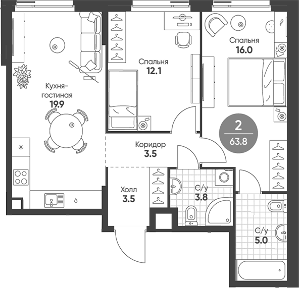 Планировка — Shagal, 3-комн., 64 м²