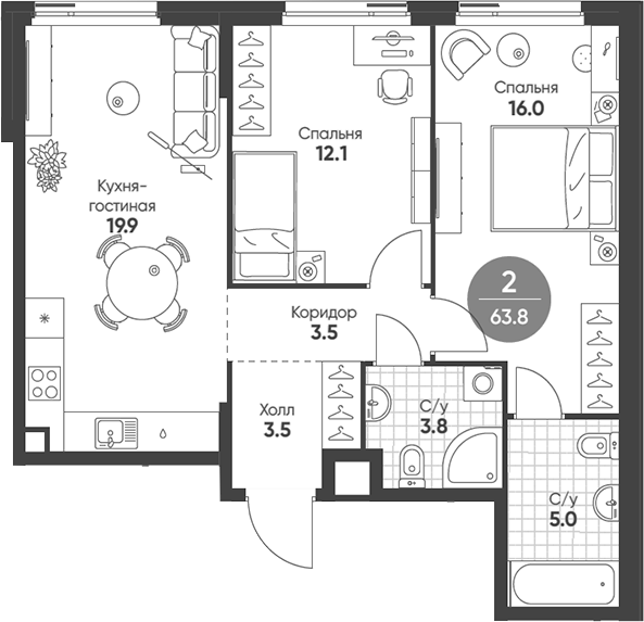 Планировка — Shagal, 3-комн., 64 м²