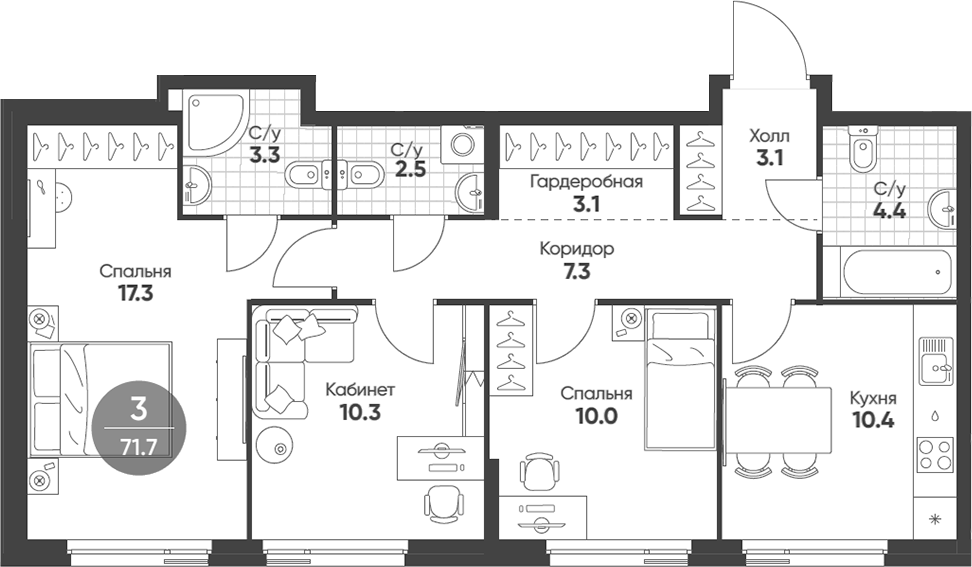 Планировка — Shagal, 3-комн., 72 м²