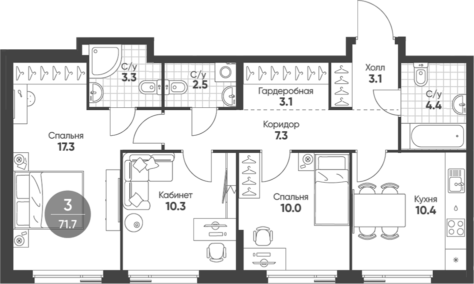 Планировка — Shagal, 3-комн., 72 м²