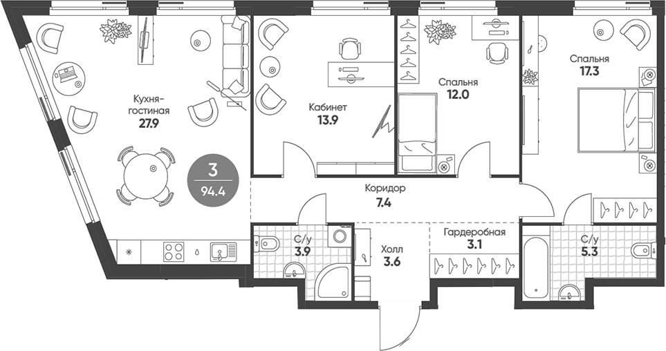 Планировка — Shagal, 4-комн., 94 м²