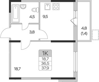Планировка — Пироговская ривьера, 1-комн., 37 м²