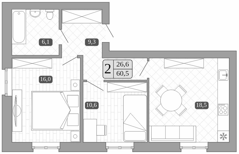 Планировка — Белый город, 3-комн., 60 м²