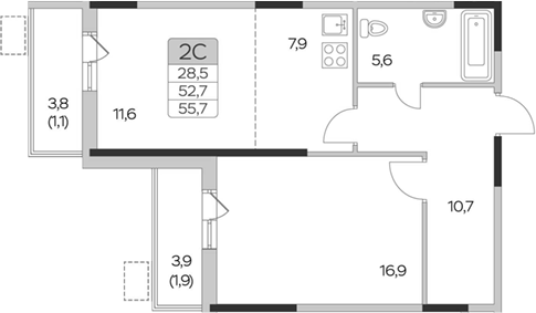 Планировка — Пироговская ривьера, 1-комн., 53 м²