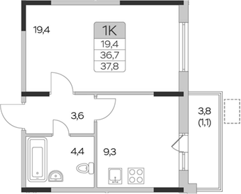 Планировка — Пироговская ривьера, 1-комн., 37 м²