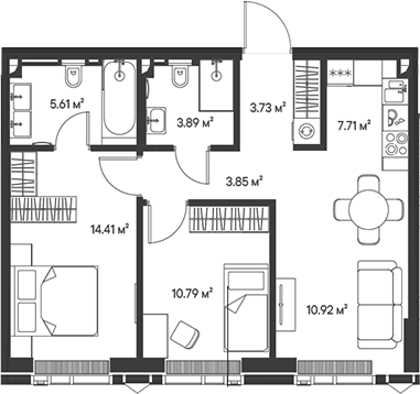Планировка — Джойс, 3-комн., 61 м²