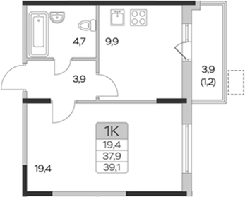 Планировка — Пироговская ривьера, 1-комн., 38 м²