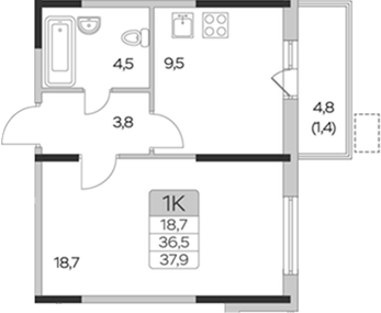 Планировка — Пироговская ривьера, 1-комн., 37 м²