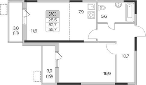 Планировка — Пироговская ривьера, 1-комн., 53 м²