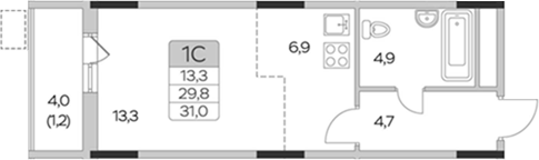Планировка — Пироговская ривьера, Студия, 30 м²