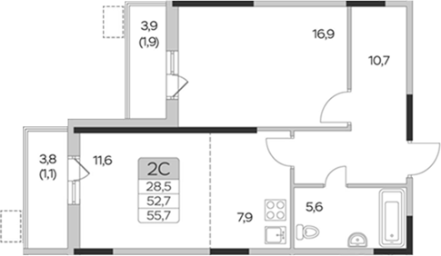Планировка — Пироговская ривьера, 1-комн., 53 м²