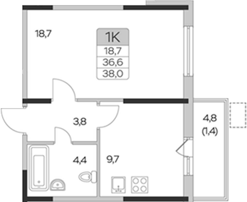 Планировка — Пироговская ривьера, 1-комн., 37 м²