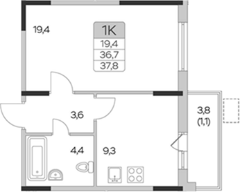 Планировка — Пироговская ривьера, 1-комн., 37 м²